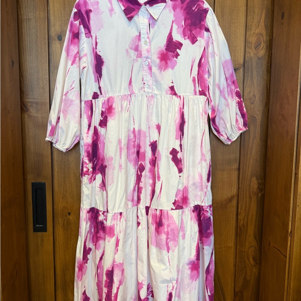 Anthropologie Maeve White and Pink Bettina Watercolor Dress Small Petite